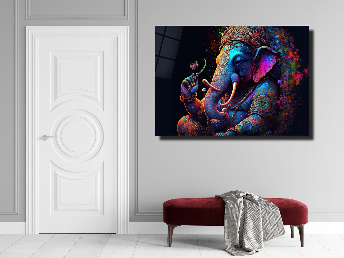 Ganesha Temalı Renkli Fil Cam Tablo – Spiritüel ve Dekoratif Ev Ofis Duvar Tablosu