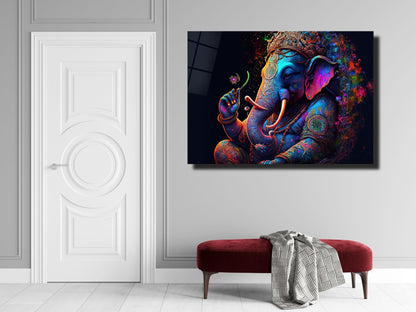Ganesha Temalı Renkli Fil Cam Tablo – Spiritüel ve Dekoratif Ev Ofis Duvar Tablosu