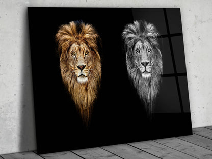 İkili Aslan Portresi Cam Tablo – Modern Duvar Tablosu