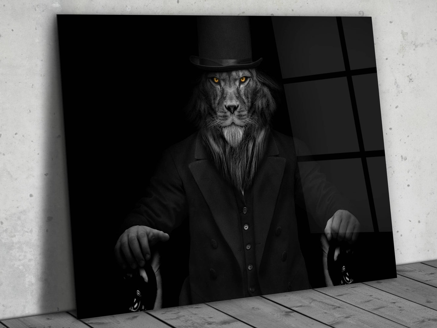 Lord Aslan Cam Tablo – Şapkalı ve Bastonlu Aslan Tablosu - Dekoratif Tablo