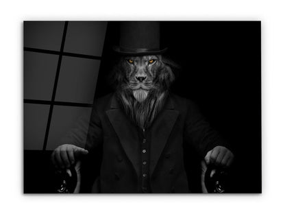Lord Aslan Cam Tablo – Şapkalı ve Bastonlu Aslan Tablosu - Dekoratif Tablo