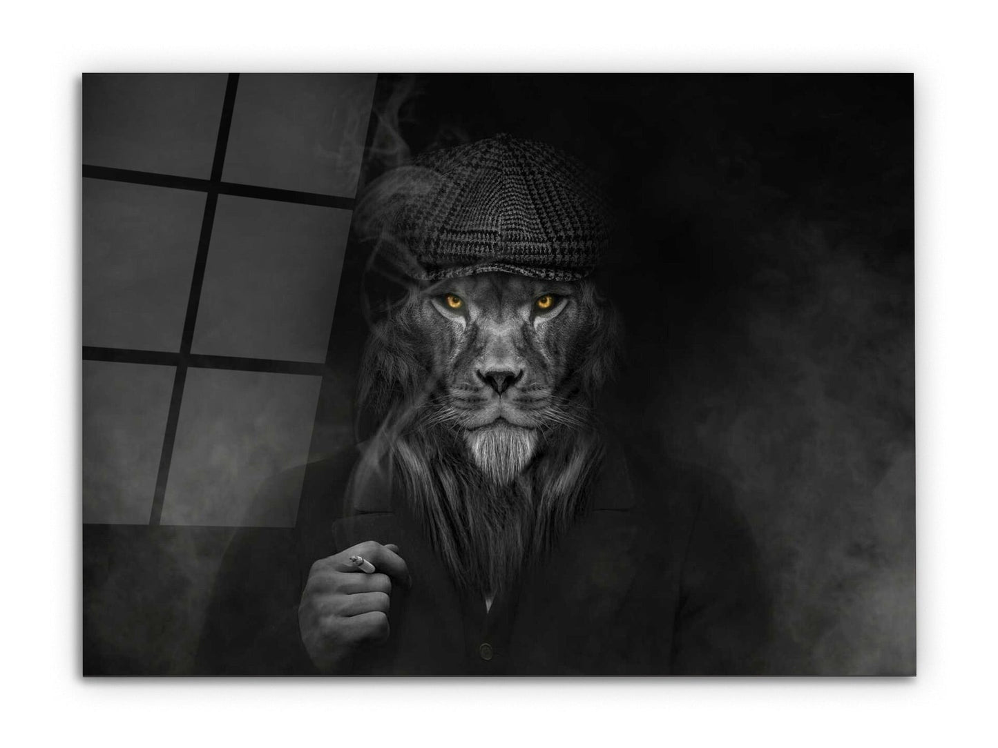 Şapkalı Aslan Cam Tablo - Aslan Dekoratif Tablo
