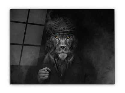 Şapkalı Aslan Cam Tablo - Aslan Dekoratif Tablo