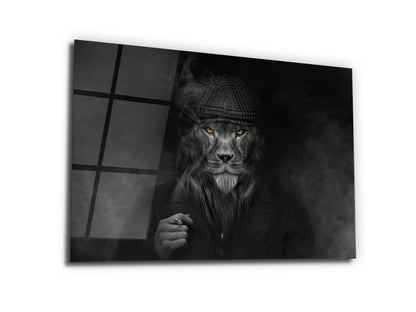 Şapkalı Aslan Cam Tablo - Aslan Dekoratif Tablo