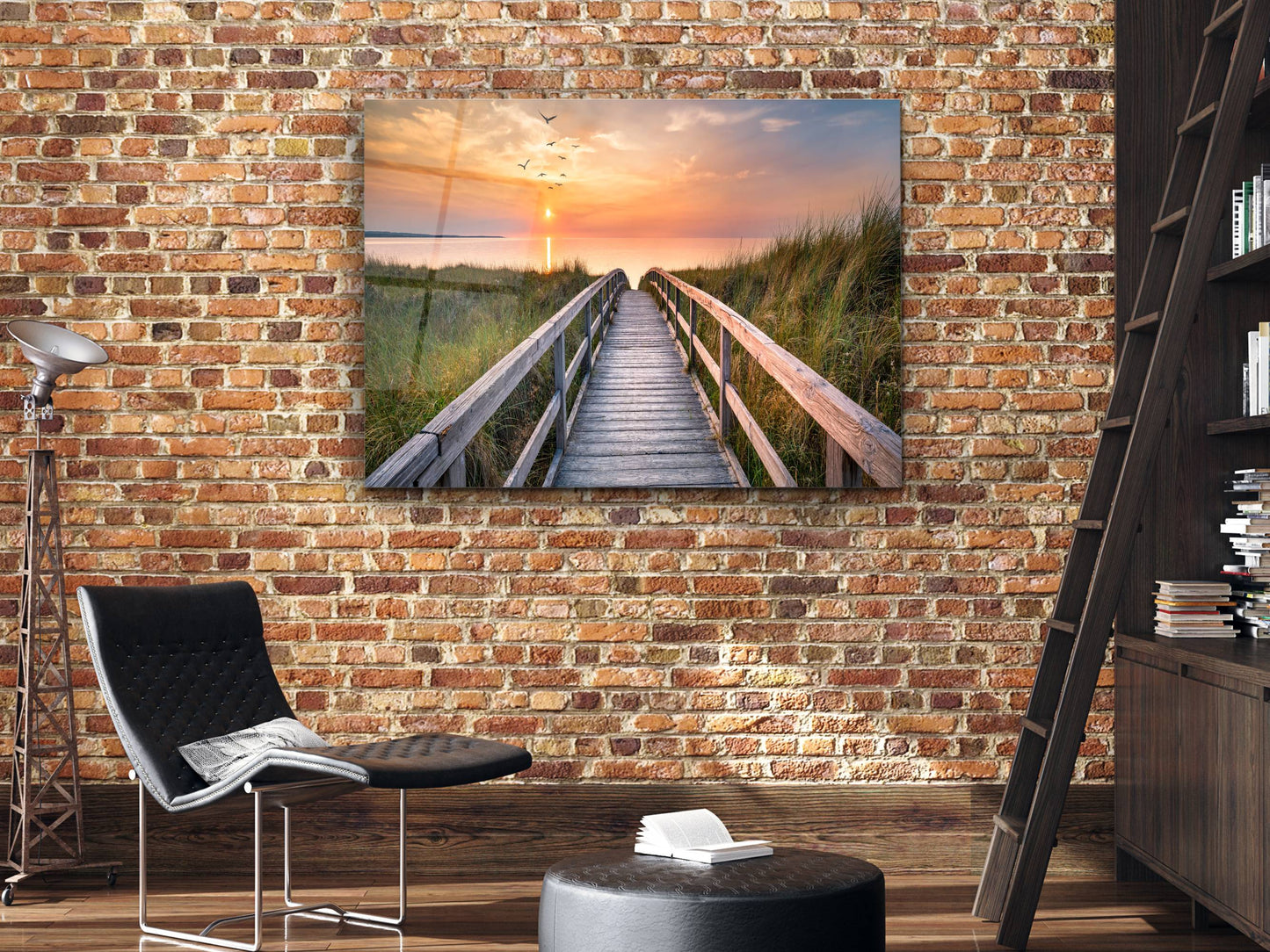 Gün Batımı Tahta Yol Manzarası Cam Tablo – Doğa Temalı Modern Duvar Tablosu