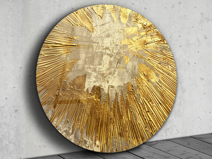 Gold Patlama Efektli Soyut Cam Tablo – Modern Yuvarlak Dekoratif Tasarım Tablo