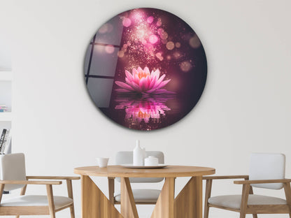 Lotus Çiçeği Cam Tablo – Romantik ve Mistik Yuvarlak Duvar Tablosu