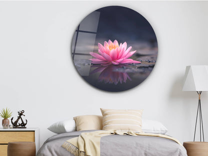 Pembe Lotus Çiçeği Cam Tablo – Yuvarlak Zen ve Doğa Temalı Tablo